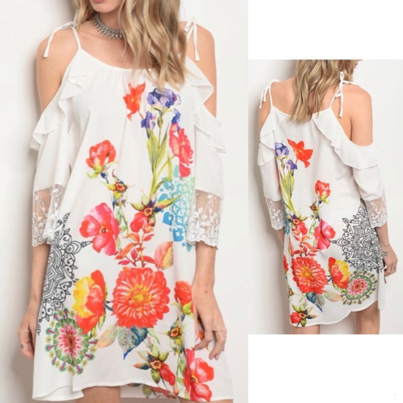 IntoCute Dresses & Skirts - Floral Lace Detail White Cold Shoulder Dress